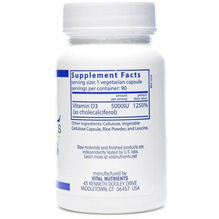 Vitamin D3 5000 IU 90 vcaps by Vital Nutrients Supplement Facts Label