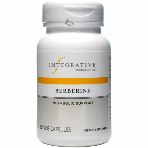 A bottle of Integrative Therapeutics Berberine supplement with 60 veg capsules. The label indicates it is for metabolic support.