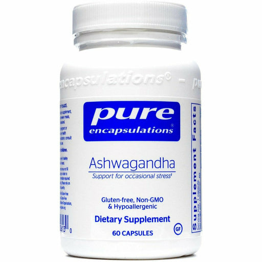 A bottle of Pure Encapsulations Ashwagandha dietary supplement containing 500 mg of ashwagandha root extract with 60 capsules inside.