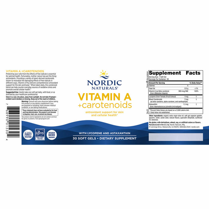 Nordic Naturals, Vitamin A + Carotenoids 30 softgels Supplement Facts Label