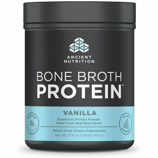 A container of Ancient Nutrition Bone Broth Protein Powder in vanilla flavor.