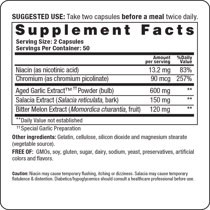 Kyolic Blood Sugar Balance 100 caps by Wakunaga Supplement Facts Label