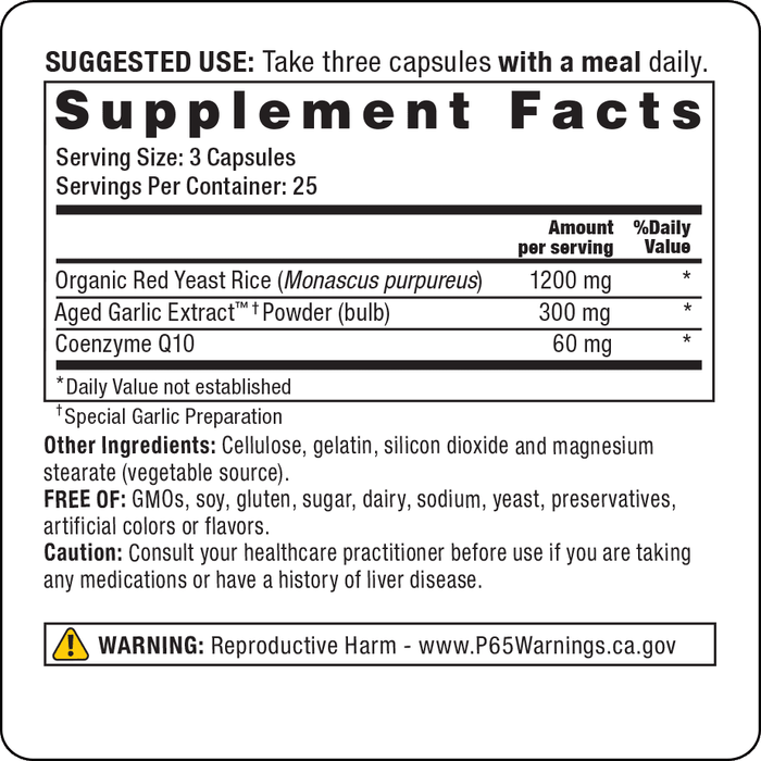 Kyolic Red Yeast Rice Plus CoQ10 75 caps by Wakunaga Supplement Facts Label