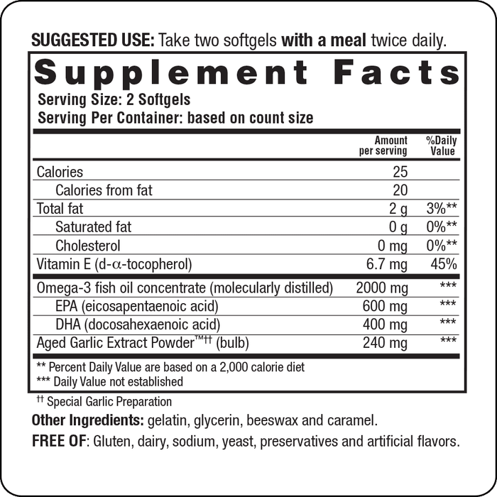 Kyolic Omega-3 180 softgels by Wakunaga Supplement Facts Label