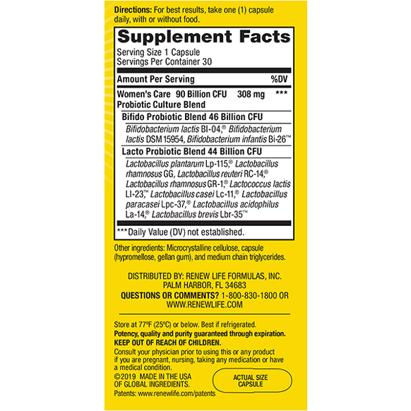 Ultimate Flora Women's Care 90 Billion 30 caps by Renew Life Supplement Facts Label