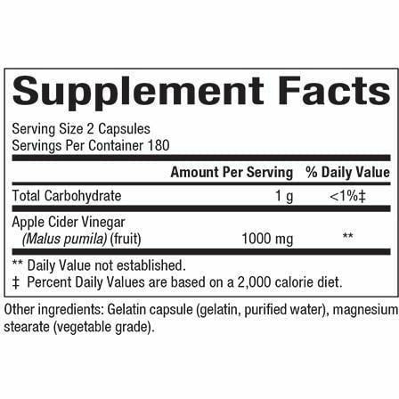 Supplement Facts, Natural Factors, Apple Cider Vinegar 500 Mg 180 Caps