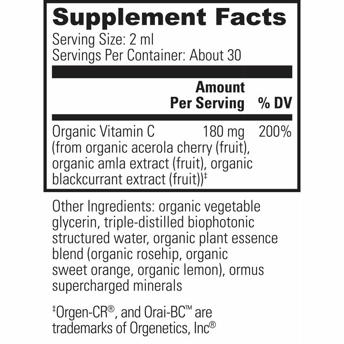 Global Healing, Plant-Based Vitamin C 2 fl. oz. Supplement Facts Label