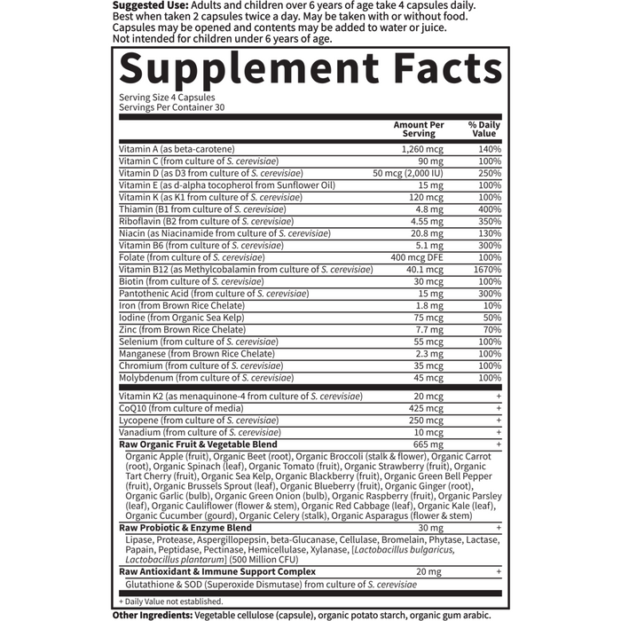 Vitamin Code Family Multi 120 vcaps By Garden Of Life Supplement Facts Label