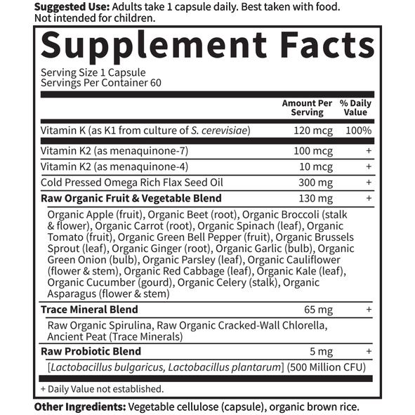 Vitamin Code RAW K-Complex 60 vcaps By Garden Of Life Supplement Facts Label