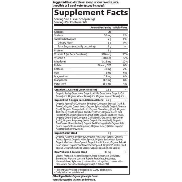 Perfect Food RAW Organic Powder 419 g by Garden Of Life Supplement Facts Label