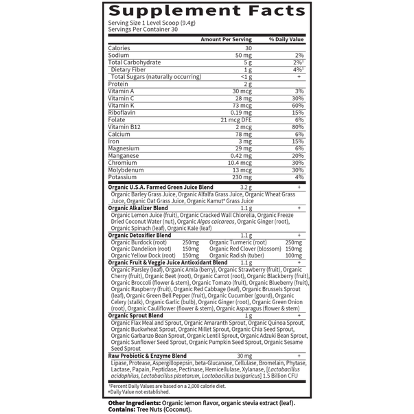 Perfect Food Alkalizer & Detoxifier 30 servings By Garden Of Life Supplement Facts Label