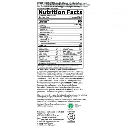 Organic Plant Protein: Energy 8.4 oz by Garden of Life Nutrition Facts Label