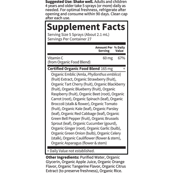 Mykind Organics Vitamin C Orange-Tang 2 oz by Garden Of Life Supplement Facts Label