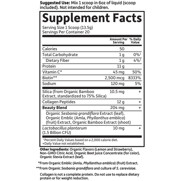 Grass Fed Collagen Beauty Straw Lemonade 9.52 oz by Garden Of Life Supplement Facts Label