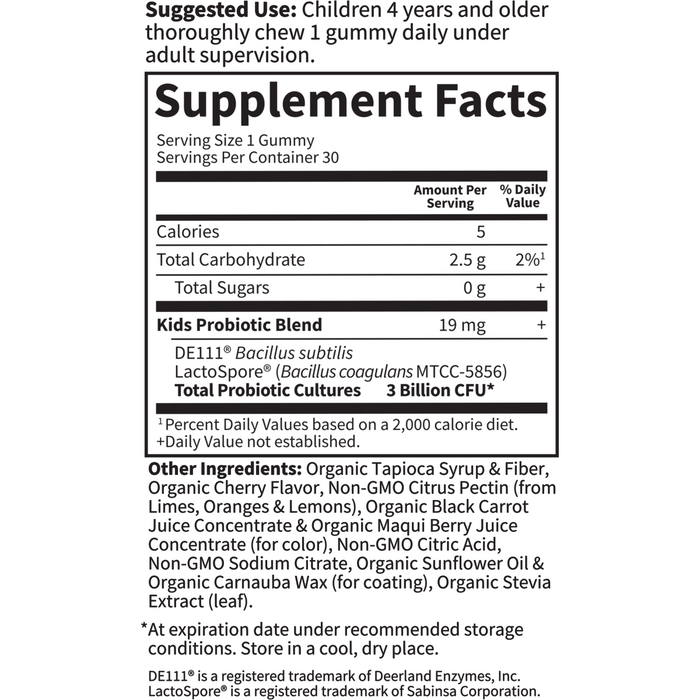 Kids Probiotic (3 Billion): Cherry 30 gummies by Garden of Life Supplement Facts Label