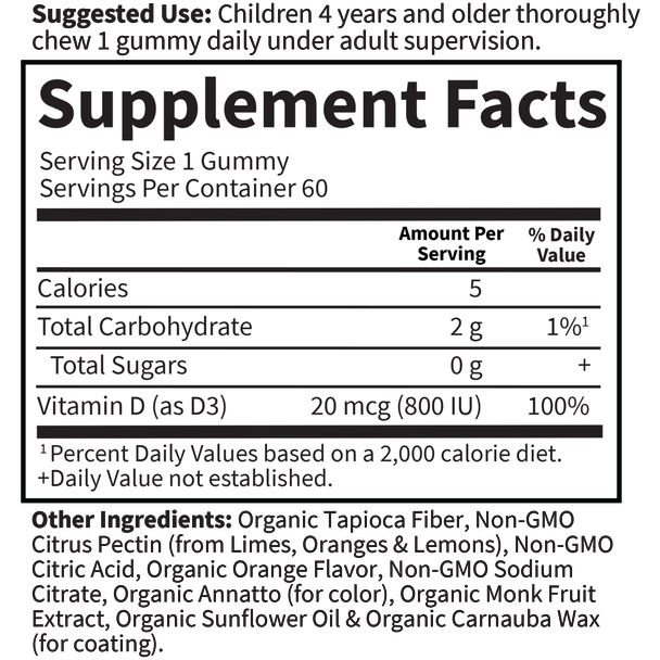 Kids Organic Vitamin D3 60 gummies by Garden of Life Supplement Facts Label