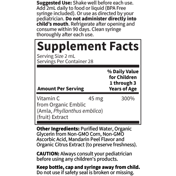 Garden of Life, Baby Vitamin C Liquid 1.9 fl. oz. Supplement Facts Label