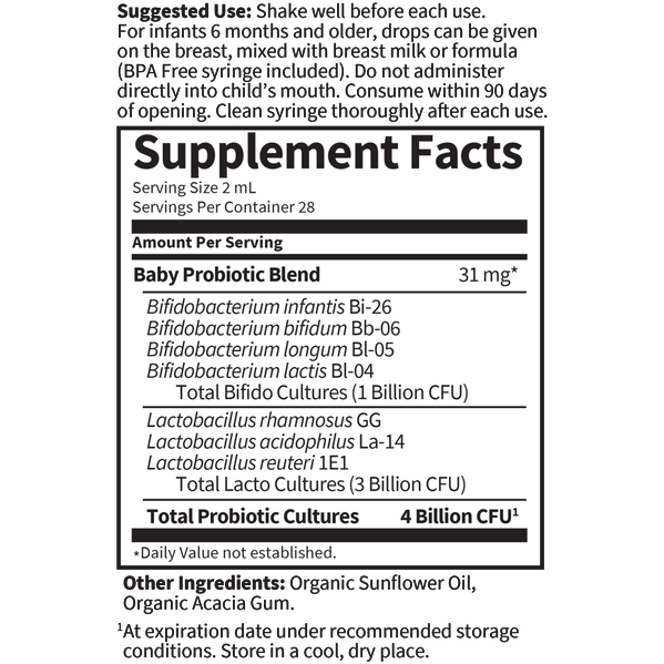 Garden of Life, Baby Probiotic 4 Billion CFU 1.9 fl. oz. Supplement Facts Label