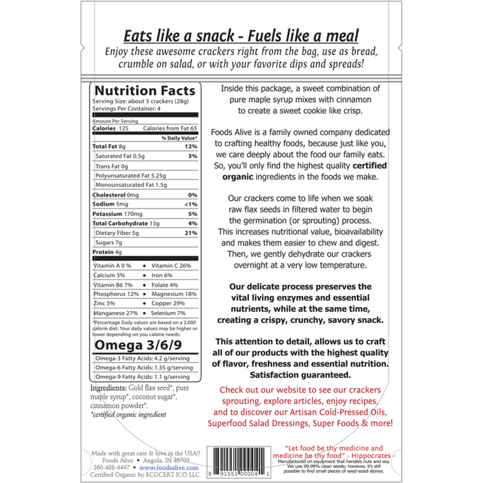 Nutrition Facts, Foods Alive, Organic Maple Cinnamon Snack Crackers 4 Oz
