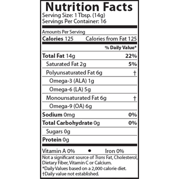Organic Black Sesame Seed Oil 8 fl oz by Foods Alive Nutrition Facts Label