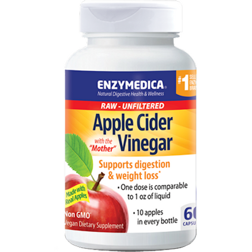 Bottle of Enzymedica Apple Cider Vinegar capsules with a apple illustration on the label.