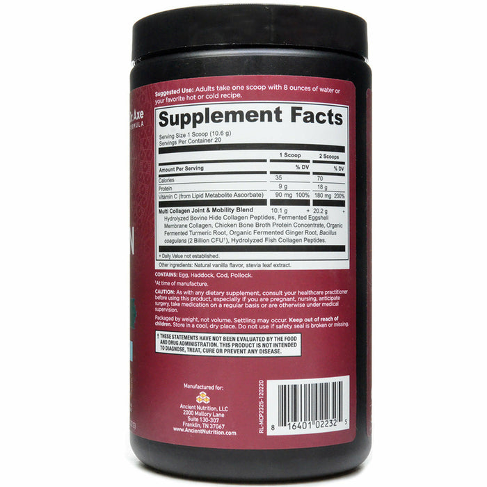 Multi Collagen Protein Joint & Mobility Vanilla 20 serv By Ancient Nutrition Supplement Facts Label