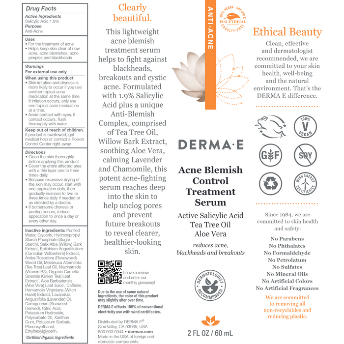 DermaE Natural Bodycare, Acne Blemish Control Treatment Serum 2 Fl. Oz. Label