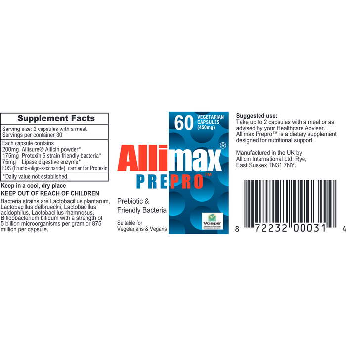 Allimax, Allimax Pre-Pro 60 Vegetarian Capsules Supplement Facts Label