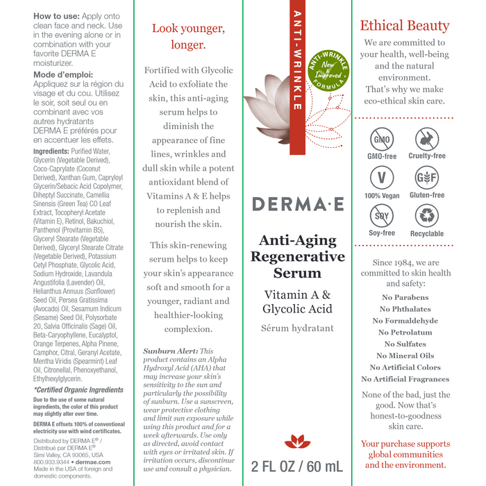 DermaE Natural Bodycare, Anti-Aging Regenerative Serum 2 Fl. Oz. Label