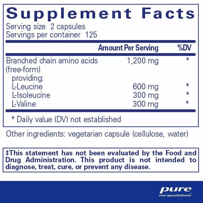Pure Encapsulations, BCAA 600 mg 250 capsules Supplement Facts