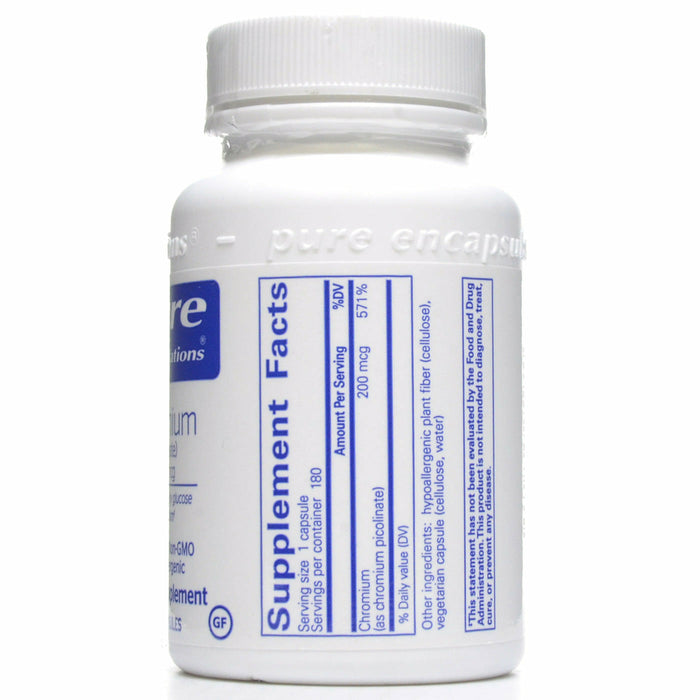 Pure Encapsulations, Chromium (picolinate) 200 mcg 180 capsules Supplement Facts Label