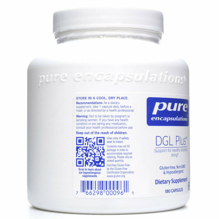 Pure Encapsulations, DGL Plus 180 capsules Recommendations/Warning Label