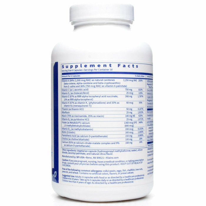 Klaire Labs, Multithera 1 Capsule Formula Plus Vitamin K Supplement Facts Label