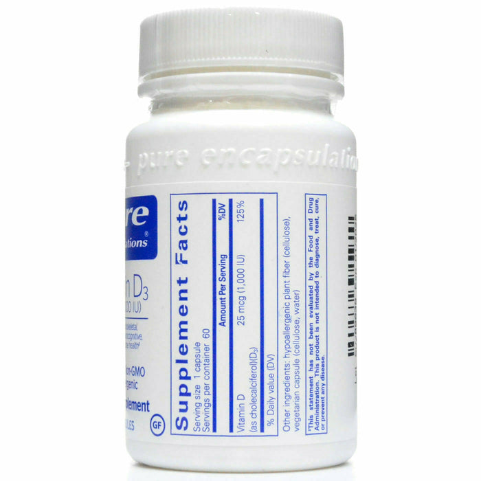 Pure Encapsulations, Vitamin D3 1000 IU 60 capsules Supplement Facts Label
