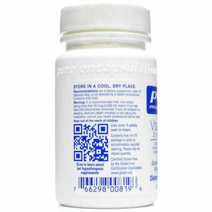Pure Encapsulations, Vitamin D3 1000 IU 60 capsules Recommendations/Warning Label