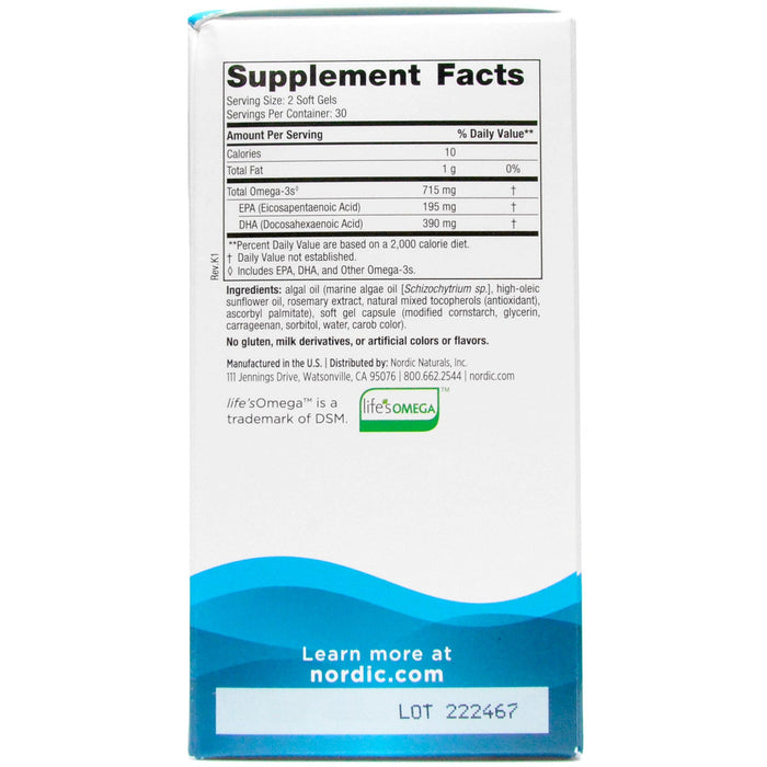 Nordic Naturals, Algae Omega 60 soft gels Supplement Facts Label