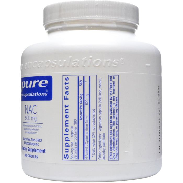 Pure Encapsulations, NAC 600 mg 360 capsules Supplement Facts Label