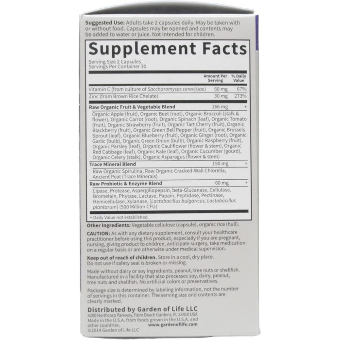 Garden of Life, Vitamin Code RAW Zinc 60 vcaps Supplement Facts