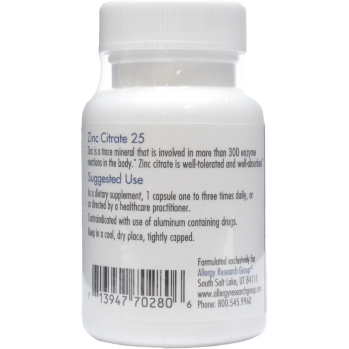 Allergy Research Group, Zinc Citrate 25 mg 60 caps Suggested Use