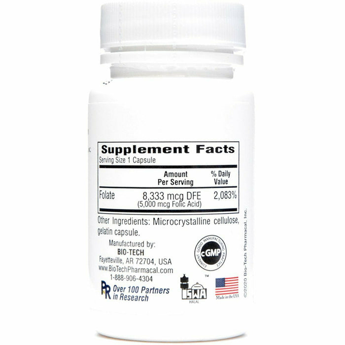 Folic Acid 5 mg 100 caps by Bio-Tech Supplement Facts Label