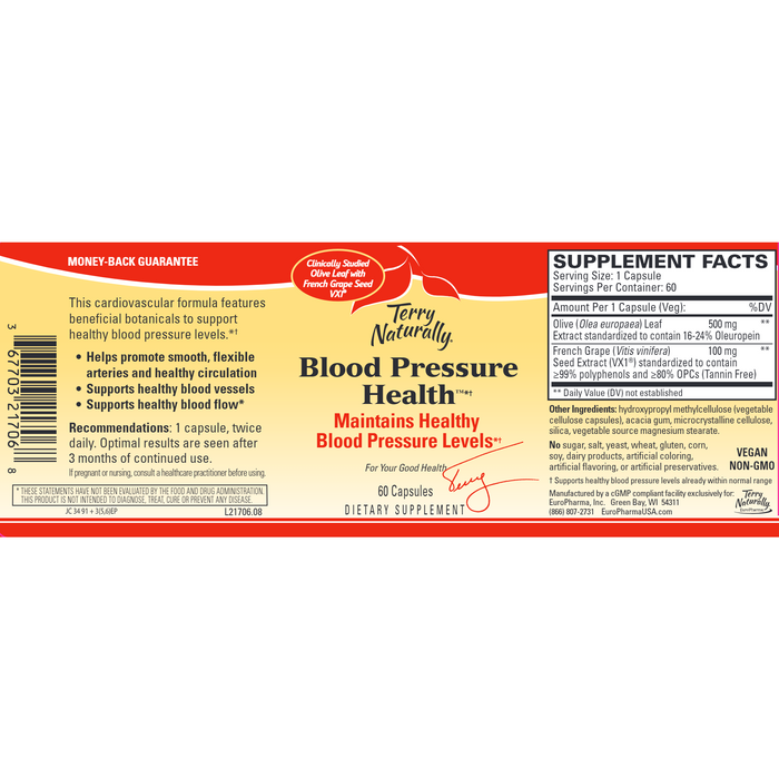 Terry Naturally, Blood Pressure Health 60 Capsules Supplement Facts Label