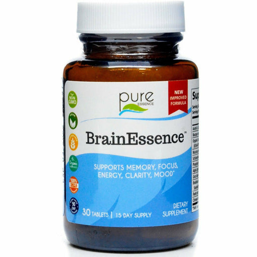 A bottle of Pure Essence BrainEssence nootropic supplement tablets with labels indicating it supports memory, focus, energy, clarity, and mood 30 Tablets