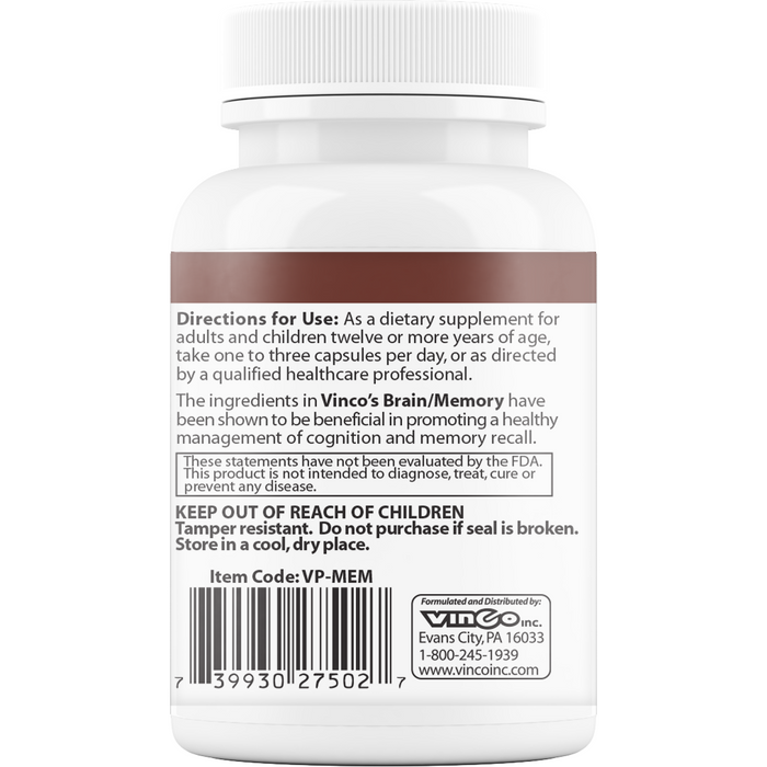 Vinco, Brain Memory 60 Capsules Supplement Facts Label