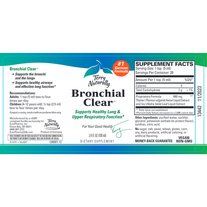 Terry Naturally, Bronchial Clear Liquid 3.4 fl oz Supplement Facts Label