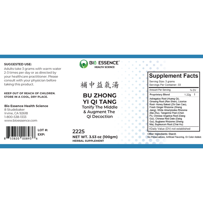 Bio Essence Health Science, Bu Zhong Yi Qi Tang 3.53 oz Supplement Facts Label