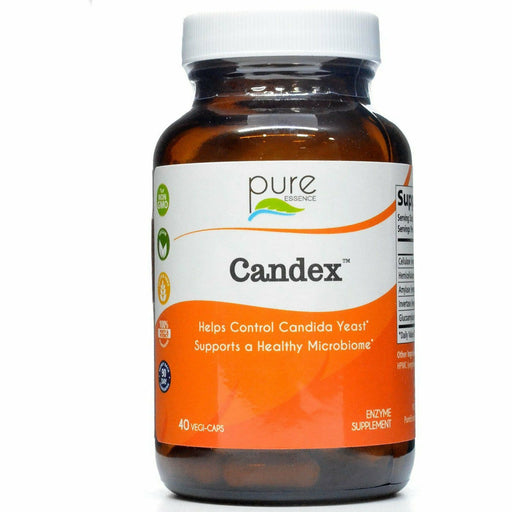 A bottle of Candex capsules by Pure Essence, designed for controlling Candida yeast and supporting a healthy microbiome 40 vegi-caps