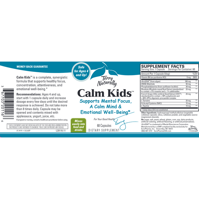 Terry Naturally, Calm Kids 60 Capsules Supplement Facts Label