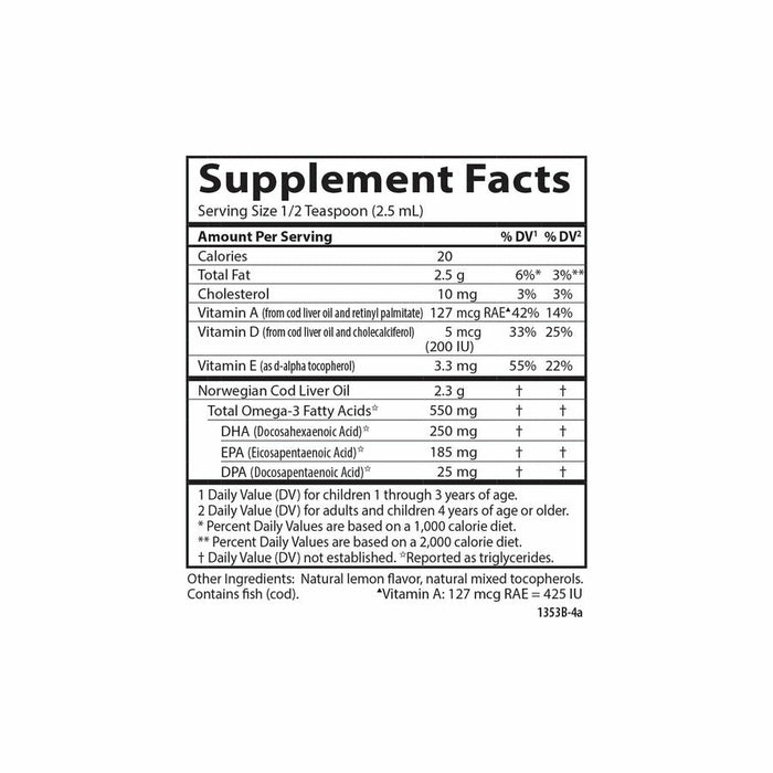 Carlson Labs, Carlson Kid's Cod Liver Oil Lemon 250 mL Supplement Facts Label