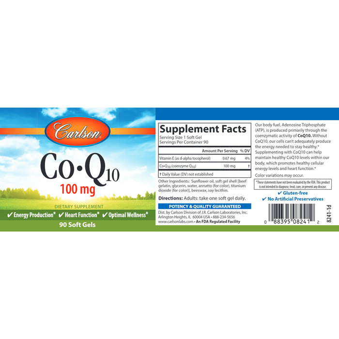 Carlson Labs, CoQ10 100 mg 90 Soft Gels Supplement Facts Label
