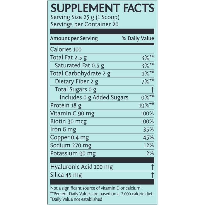 Sunwarrior, Collagen Plant Based Unflavored 20 Servings Supplement Facts Label